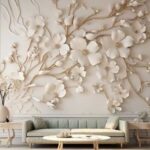 all-white-mural-that-covers-the-main-wall-depicting-large-delicate-flowers-and-branches-blossoms