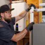 man-wearing-safety-glasses-gloves-and-a-cap-is-adjusting-a-white-vent-pipe-connected-to-a-furnance-unit