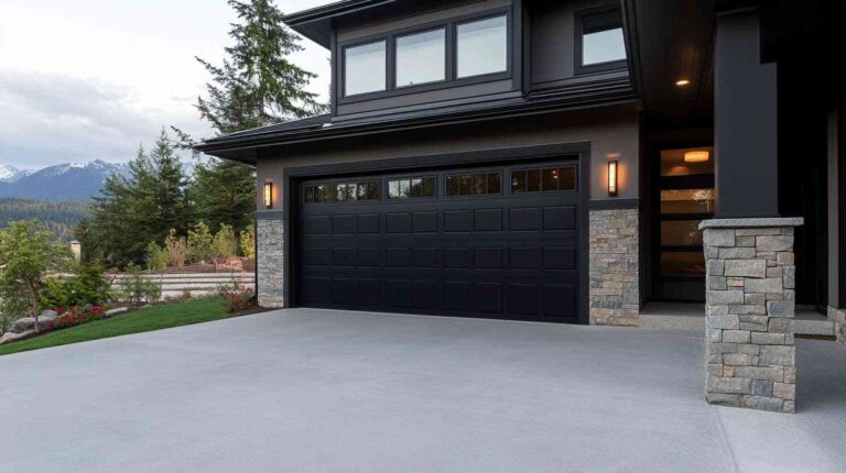 the-front-exterior-of-a-modern-house-and-a-black-garage-door-the-home-has-a-design-with-clean-lines-neutral-colors-and-mix-of-material
