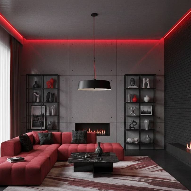Red & Black with Grey living room