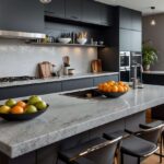 a-large-kitchen-island-of-light-grey-two-black-bowls-filled-with-green-and-yellow-fruits-and-three-bar-stools-under-island