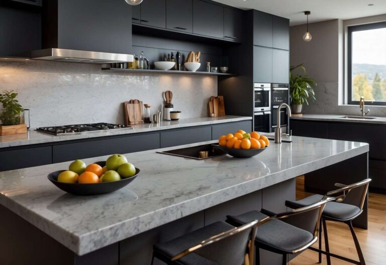 a-large-kitchen-island-of-light-grey-two-black-bowls-filled-with-green-and-yellow-fruits-and-three-bar-stools-under-island