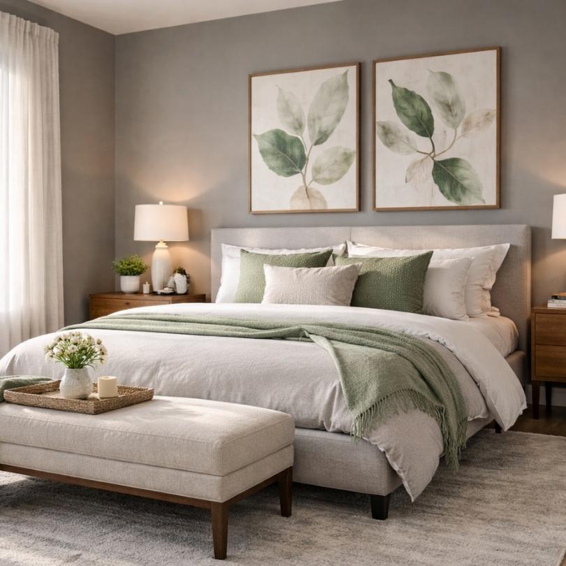 Grey and soft green accent bedroom
