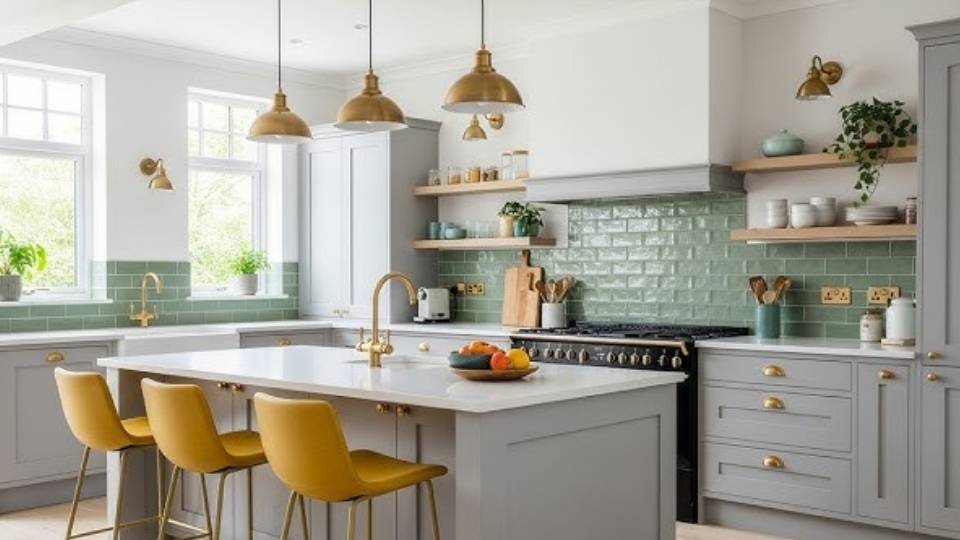 Grey cabinets and soft green kitchen