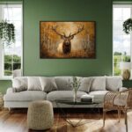 living-room-setup-with-large-framed-painting-of-an-elk-in-an-autumn-forest-hanging-on-a-green-wall-and-light-color-sofa-placed-in-a-center-and-a-round-coffee-table-and-chair