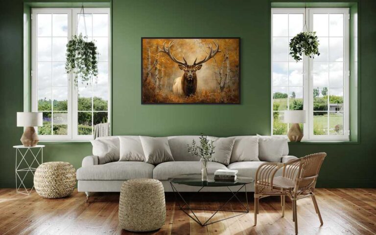 living-room-setup-with-large-framed-painting-of-an-elk-in-an-autumn-forest-hanging-on-a-green-wall-and-light-color-sofa-placed-in-a-center-and-a-round-coffee-table-and-chair