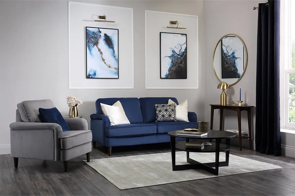Warm grey and navy blue living room