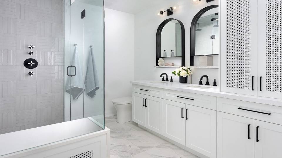Grey tiles and white bathroom image