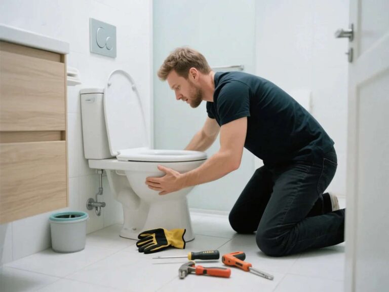 How You Might Be Unknowingly Ruining Your Bathroom a-man-is-leaning-forward-focused-on-the-base-of-a-white-toilet-appearing-to-be-performing-a-repair-or-installation