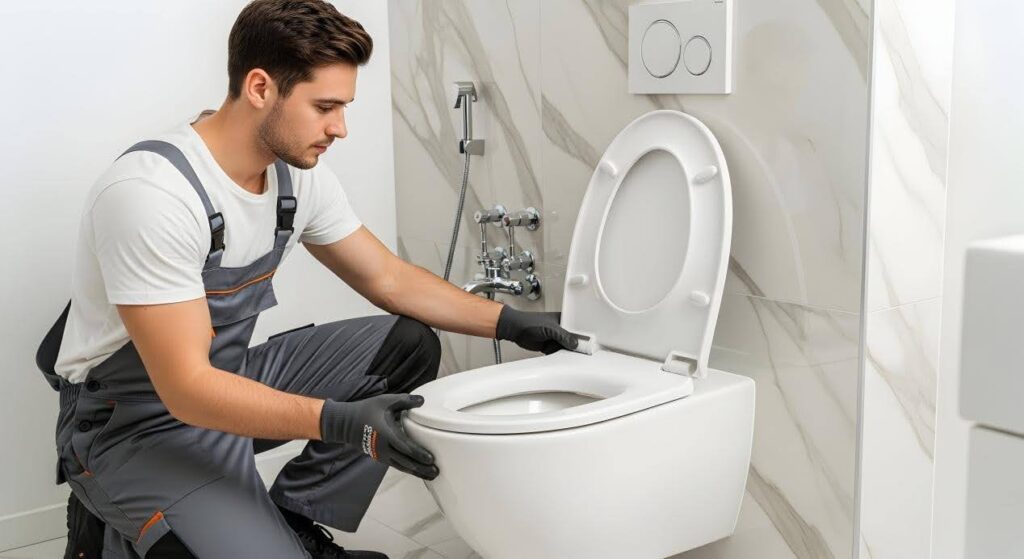A man fixing the Wall Cistern in  bathroom