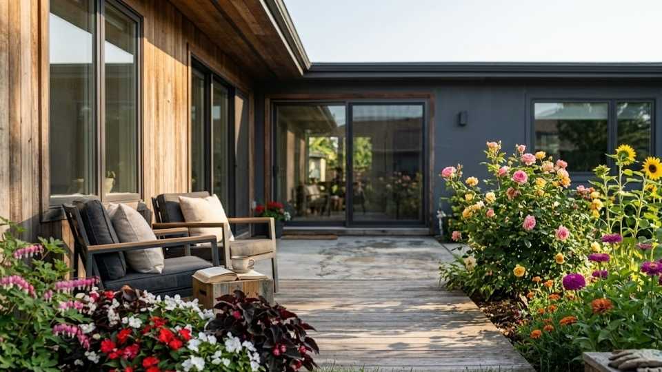 An Image Showing a Flower Bed and a Couch For Relaxing