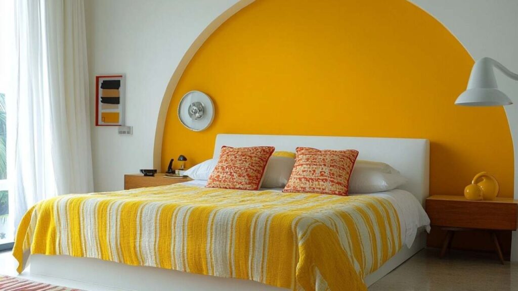 An Image of Bedroom Painted with off White and Mustard on Accent wall