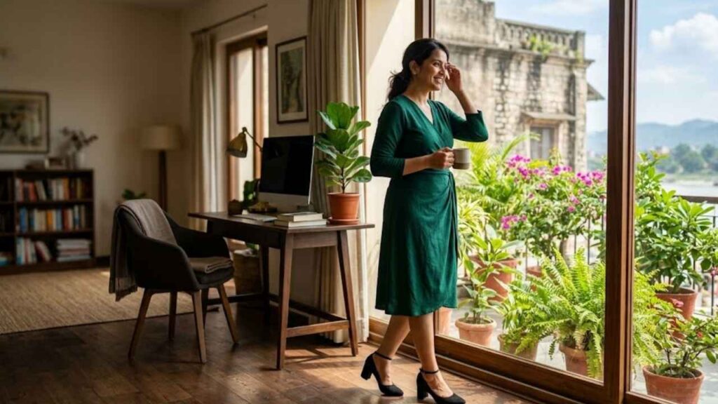 An Image of Black Shoes with emerald green Dress
