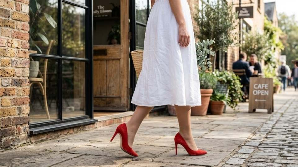 An Image of Bold Color Heels with a white dress