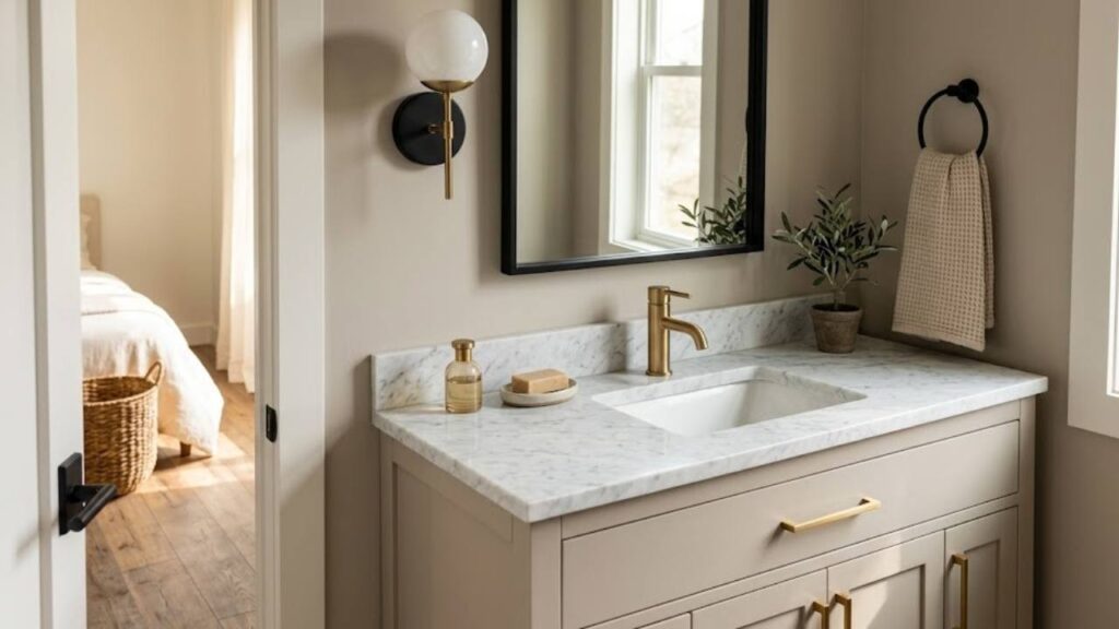 An Image of Brass cabinet pulls and door handles in SW Alpaca Painted Bathroom