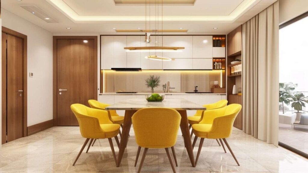 An Image of Dining room Painted with off White and Yellow Chair