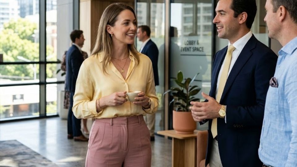 An Image of Dusty pink pants, soft yellow Shirt