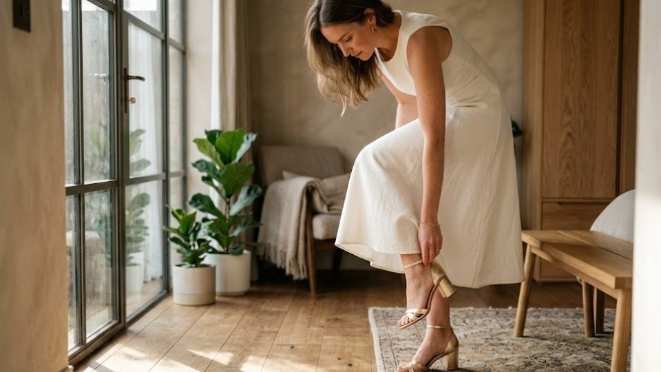 An Image of Gold Heels with a white dress