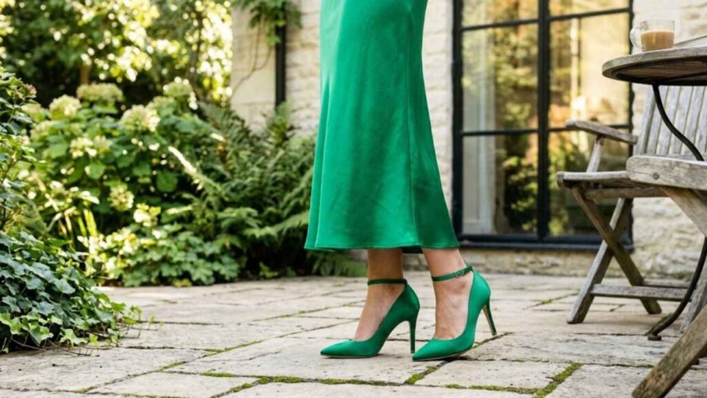 An Image of Green Shoes with emerald green Dress