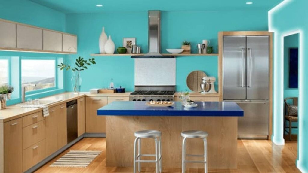 An Image of Kitchen Painted with cyan color