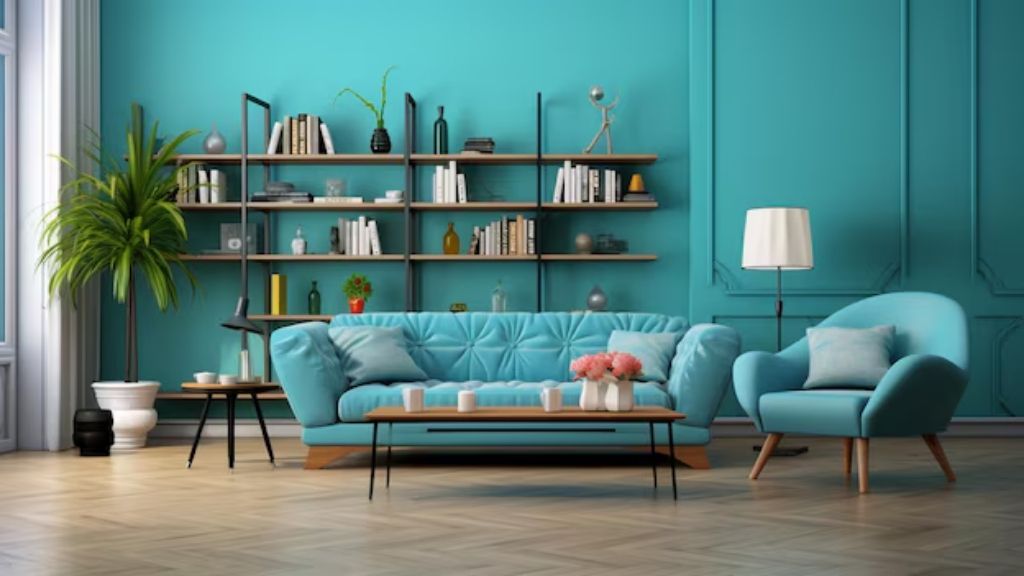 An Image of Living room Painted with cyan color