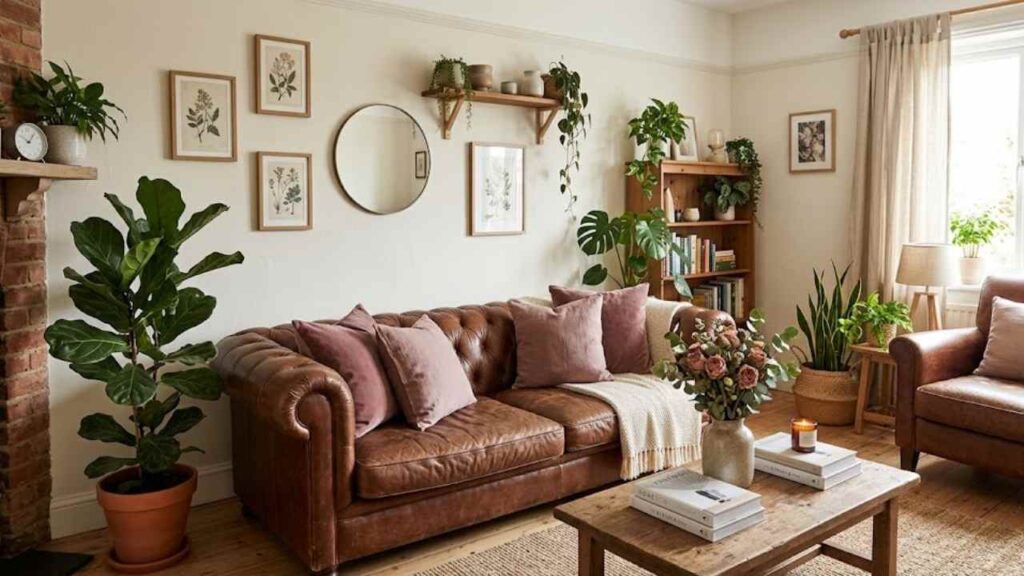 An Image of Living room Painted with off White Color and Brown Leather Furniture, Dusty Rose Cushion