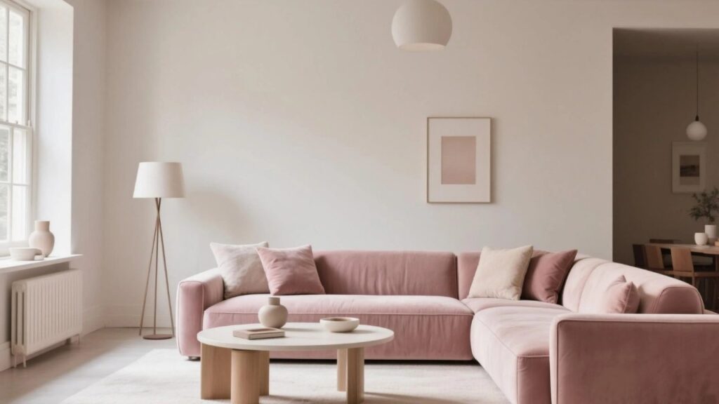 An Image of Living room Painted with off White and Dusty Rose Sofa 