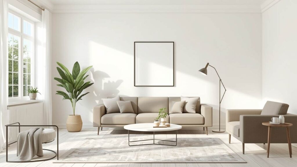 An Image of Living room Painted with off White and Taupe Furniture
