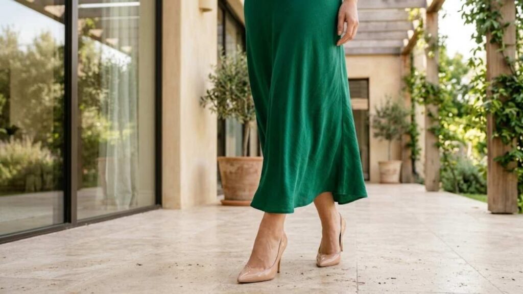 An Image of Nude Shoes with emerald green Dress