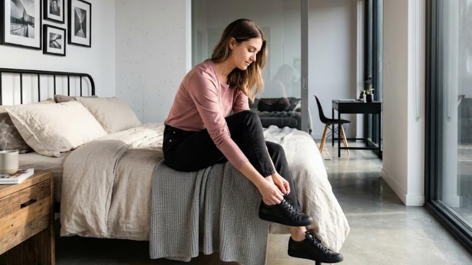 An Image of Pink Shirt With Black Shoes