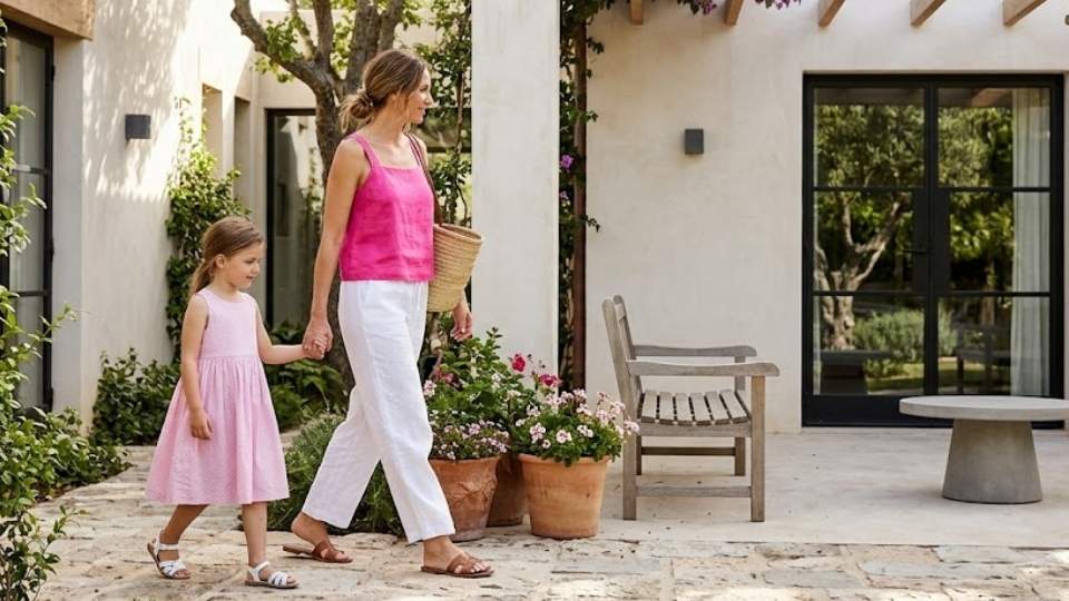 An Image of Pink Top With White Shoes