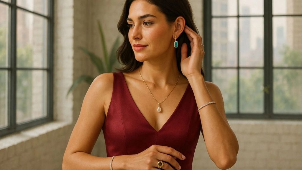 An Image of Red Top With Gold Jewelry