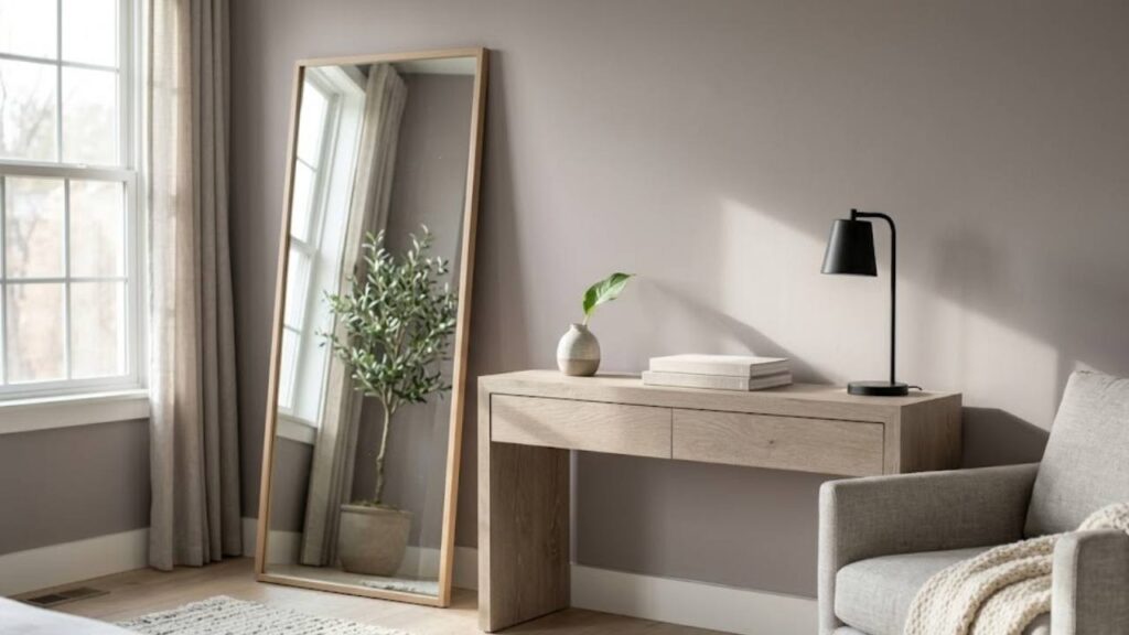 An Image of SW Alpaca Painted Bedroom With Wooden Tone Desk