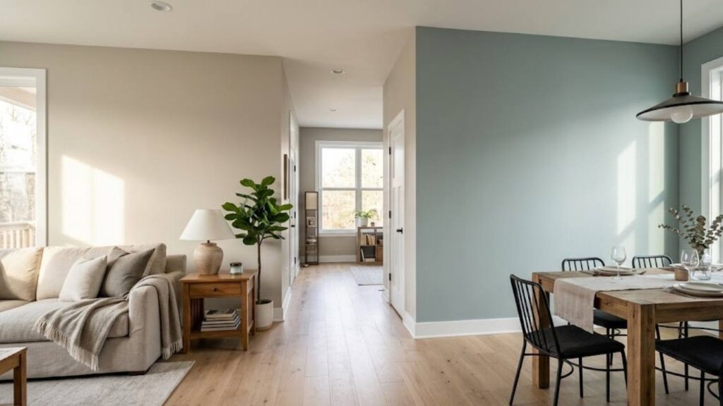 An Image of SW Comfort Gray on Accent Wall and Alpaca Color in the Living room