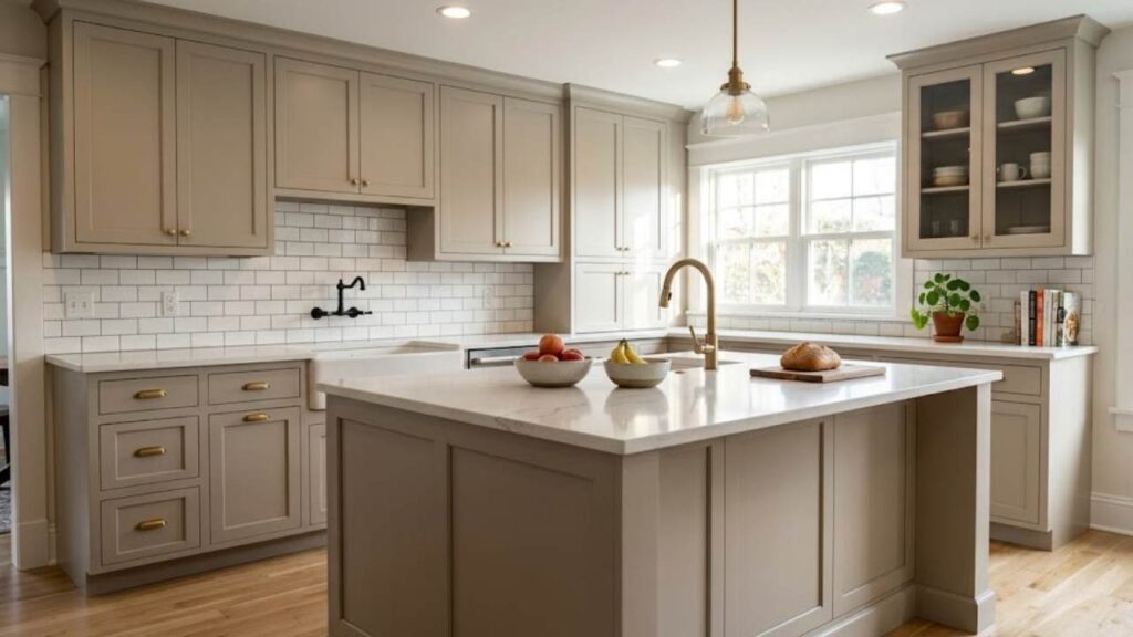 An Image of Sherwin Williams Alpaca Color in the Kitchen Cabinet