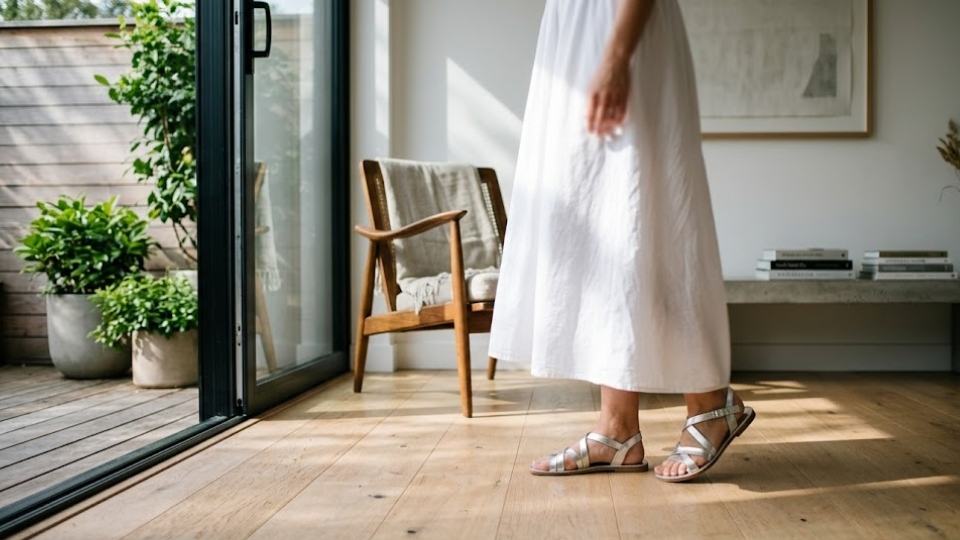 An Image of Silver Heels with a white dress
