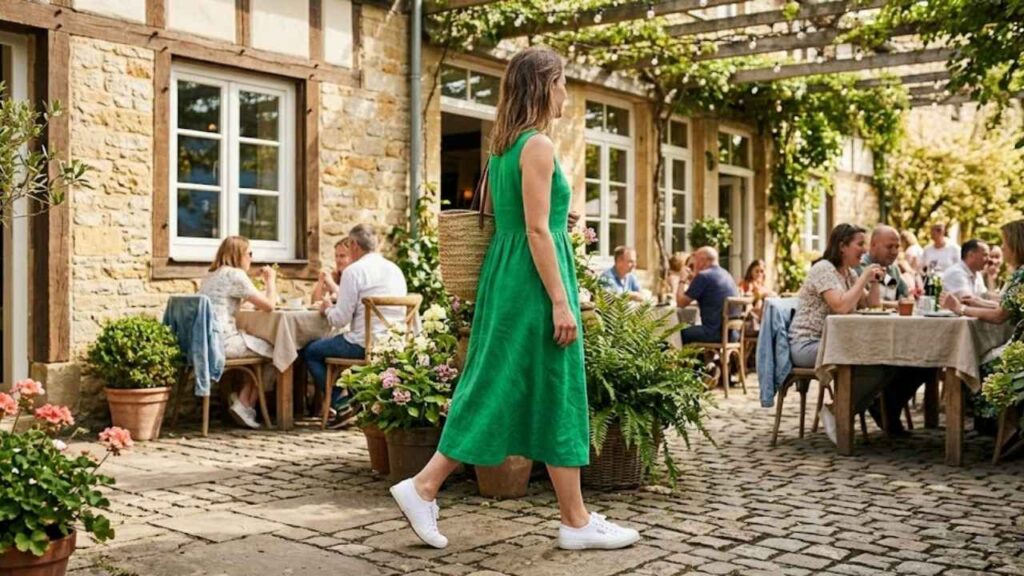 An Image of White Shoes with emerald green Dress