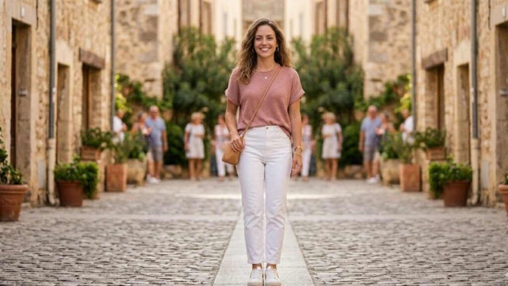 An Image of Women Wearing Dusty Rose Top and off White Jeans
