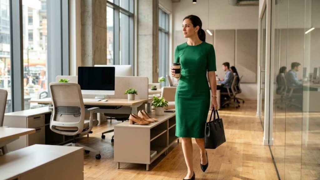 An Image of a Women Wearing Emerald Dress With Black Heels