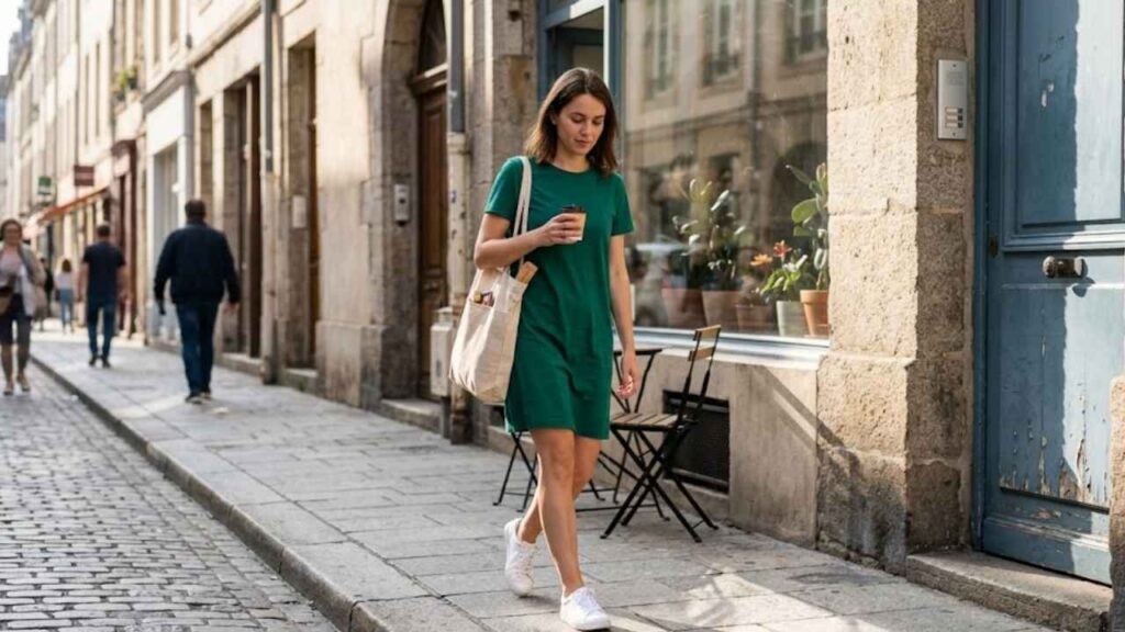 An Image of a Women Wearing Emerald Dress With White sneakers