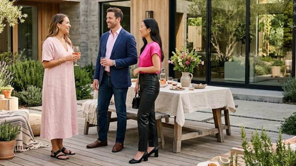 An Image of bright pink with navy blazers