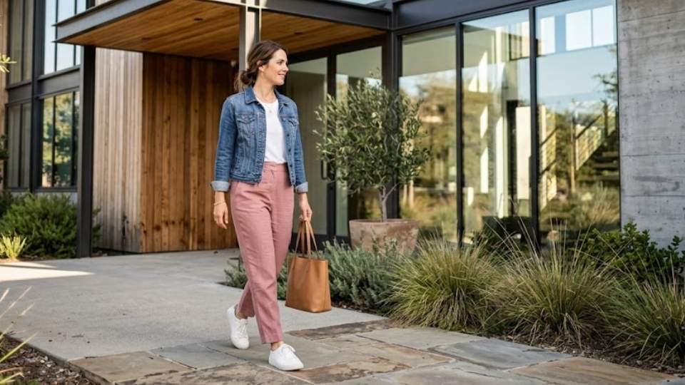 An Image of dusty pink pants with a denim jacket