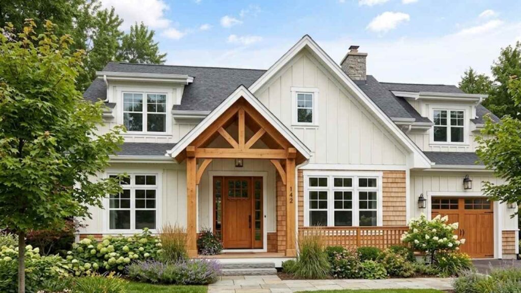 An Image of off White color on the Exterior with White Trim and Wooden Door 