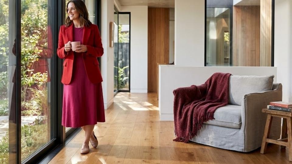 pink dress with a red blazer