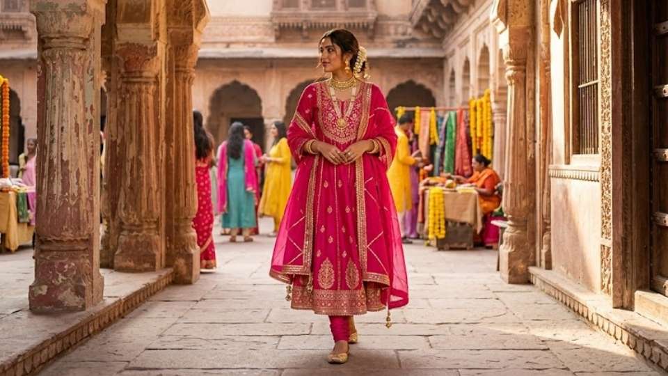 An Image of pink ethnic dress with gold jewelry