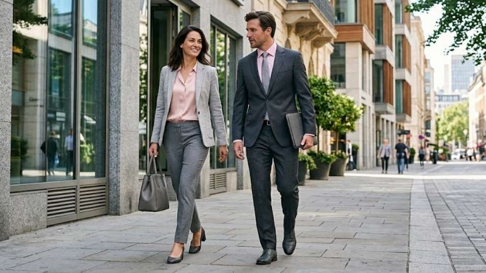 An Image of pink pairing with Gray suit