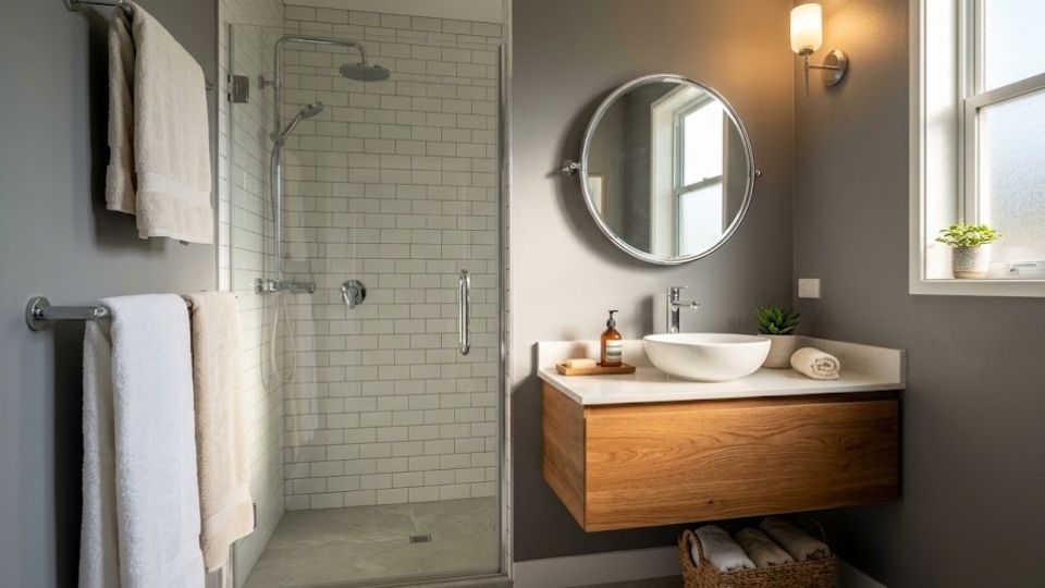 Gray walls in the Bathroom With Wooden Accent