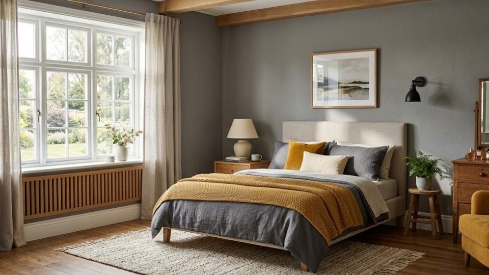Gray walls in the Bedroom With Wooden Accent
