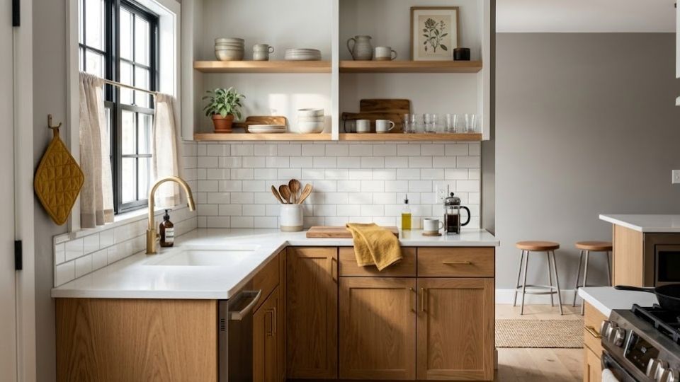 Gray walls in the Kitchen With Wooden Cabinets