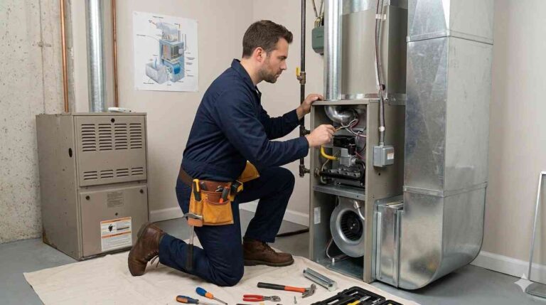 HVAC-technician-performing-maintenance-or-repair-on-a-residential-gas-furnace